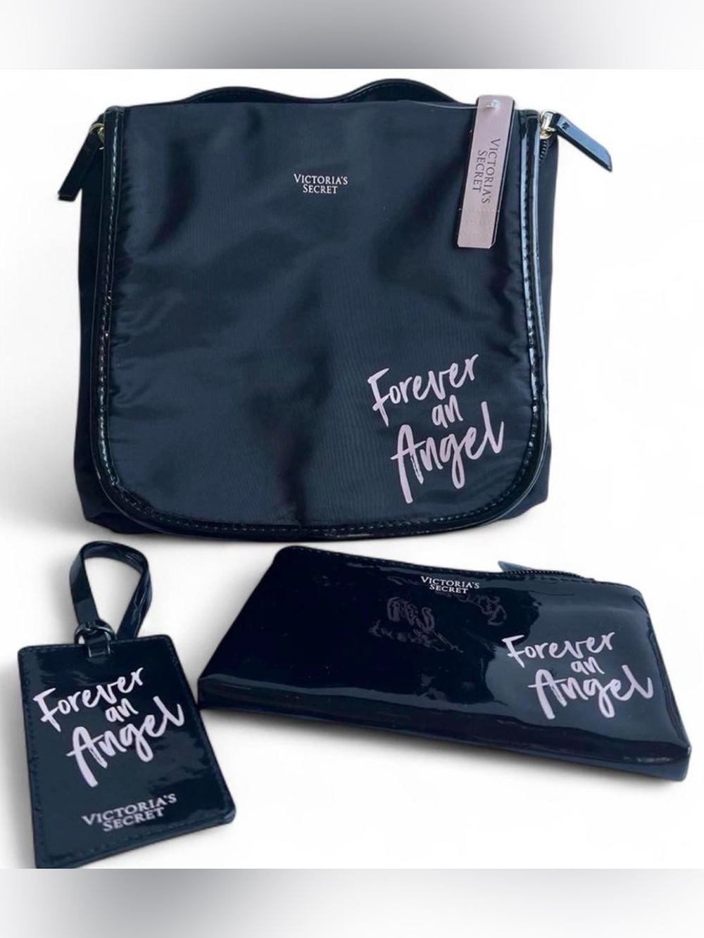 Victoria's Secret NWT Black Cosmetic Bag Set with Pink Forever and Angel